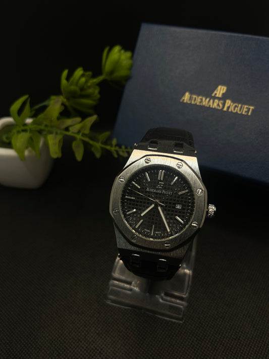 AP BLACK DIAL ROYAL OAK WITH DATE IN PREMIUM BLACK LEATHER STRAP