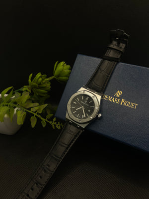 AP BLACK DIAL ROYAL OAK WITH DATE IN PREMIUM BLACK LEATHER STRAP
