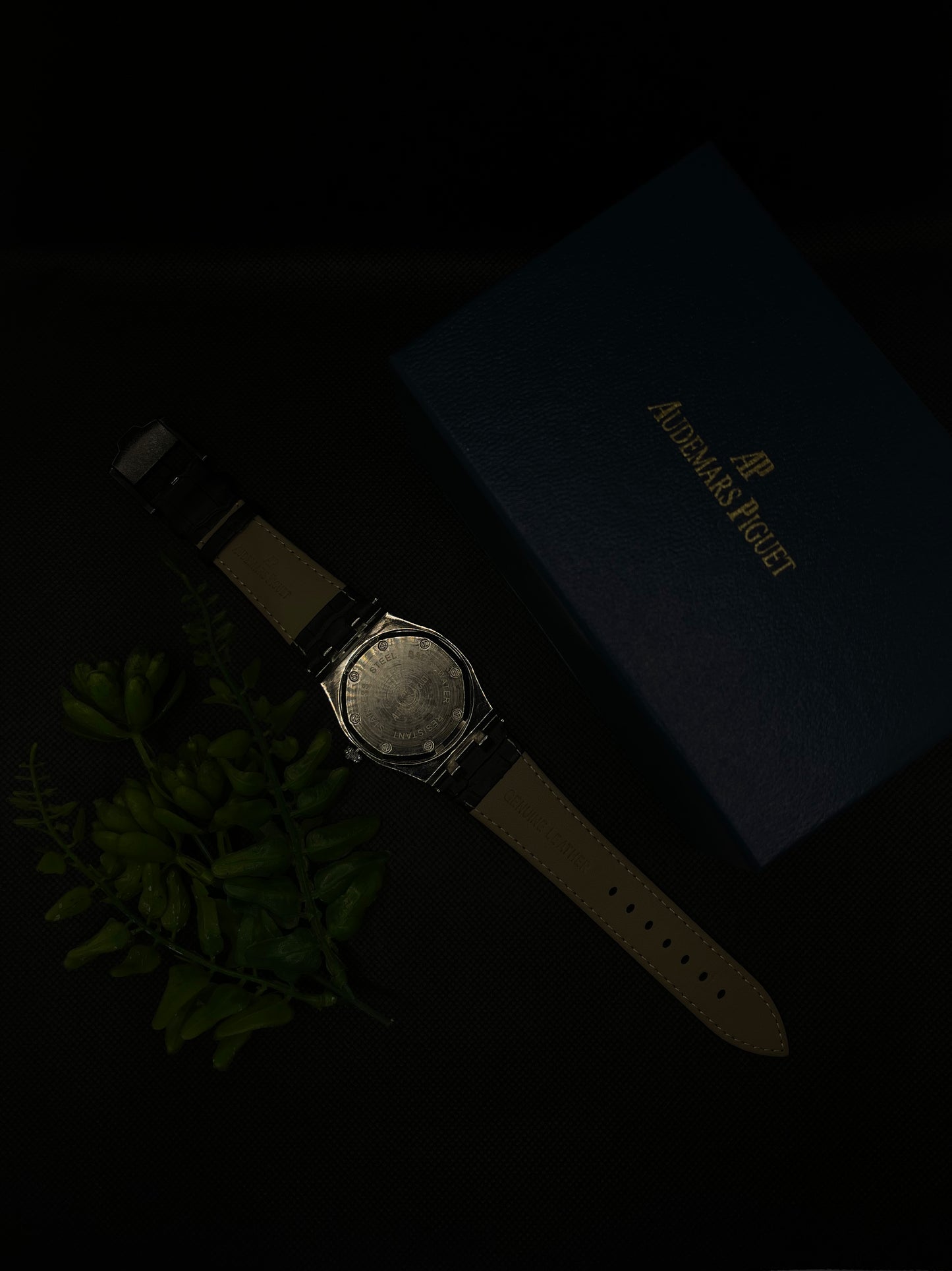 AP BLACK DIAL ROYAL OAK WITH DATE IN PREMIUM BLACK LEATHER STRAP