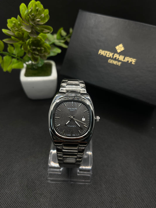 PP GENEVE BLACK TEXTURE DIAL WITH DATE IN SILVER STAINLESS STEEL STRAP