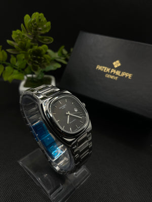 PP GENEVE BLACK TEXTURE DIAL WITH DATE IN SILVER STAINLESS STEEL STRAP