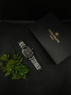 PP GENEVE BLACK TEXTURE DIAL WITH DATE IN SILVER STAINLESS STEEL STRAP