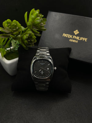 PP GENEVE BLACK TEXTURE DIAL WITH DATE IN SILVER STAINLESS STEEL STRAP