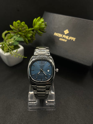 PP GENEVE BLUE TEXTURE DIAL WITH DATE IN SILVER STAINLESS STEEL STRAP