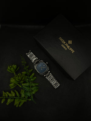 PP GENEVE BLUE TEXTURE DIAL WITH DATE IN SILVER STAINLESS STEEL STRAP