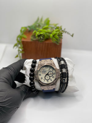 HB WHITE DIAL WITH SUBDIALS IN BLUE STRAP ALONG WITH BRACELET