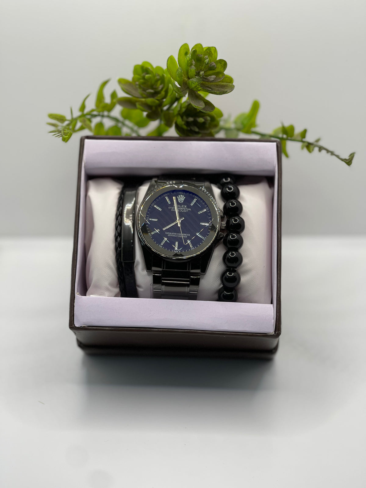 RLX BLUE DIAL OYSTER PERPETUAL IN BLACK CHAIN ALONG WITH BRACELET