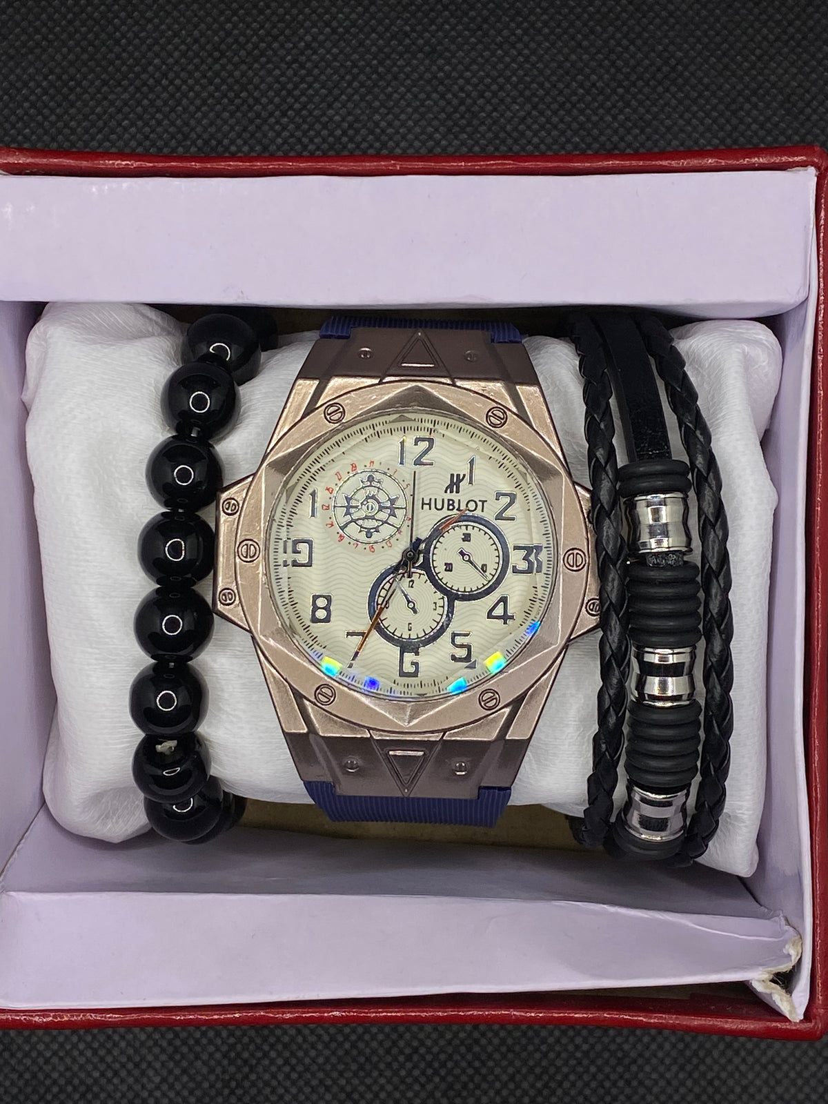 HB WHITE DIAL WITH SUBDIALS IN BLUE STRAP ALONG WITH BRACELET