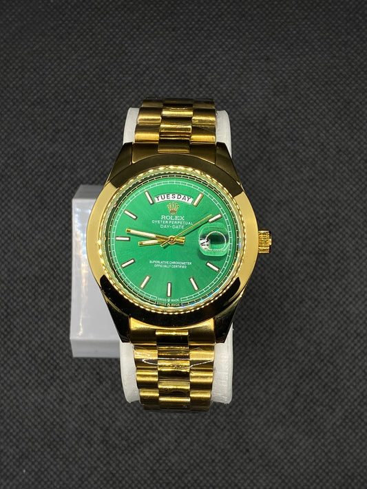 RLX GREEN DIAL DAY-DATE WATCH WITH GOLD STAINLESS CASE AND CHAIN