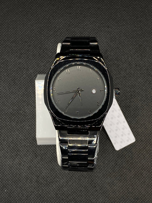 BLACK ARABIC AURA WATCH WITH DATE IN STAINLESS STEEL CHAIN