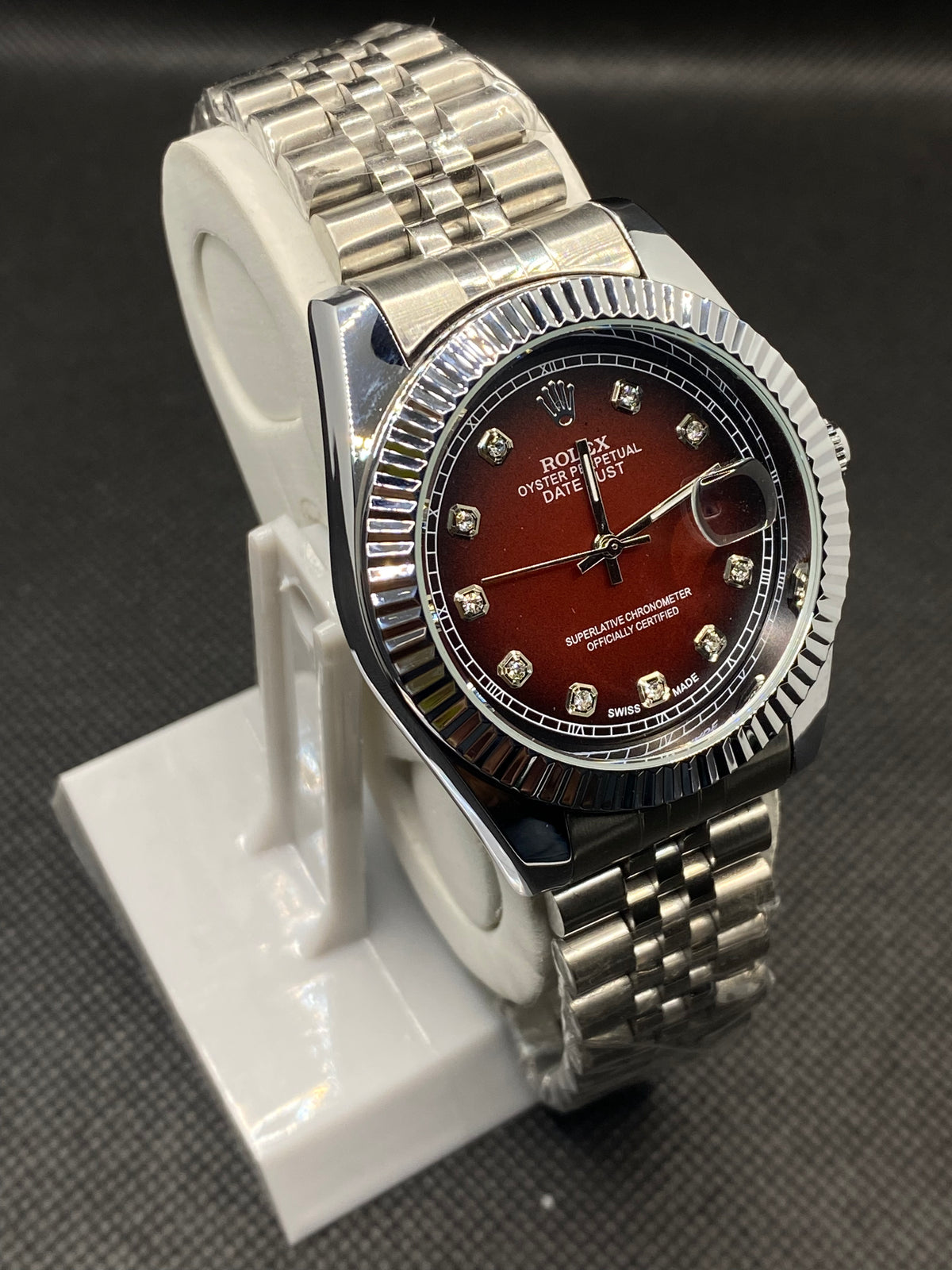 RLX OYSTER PERPETUAL RED DIAL WITH DATE STAINLESS STEEL STRAP