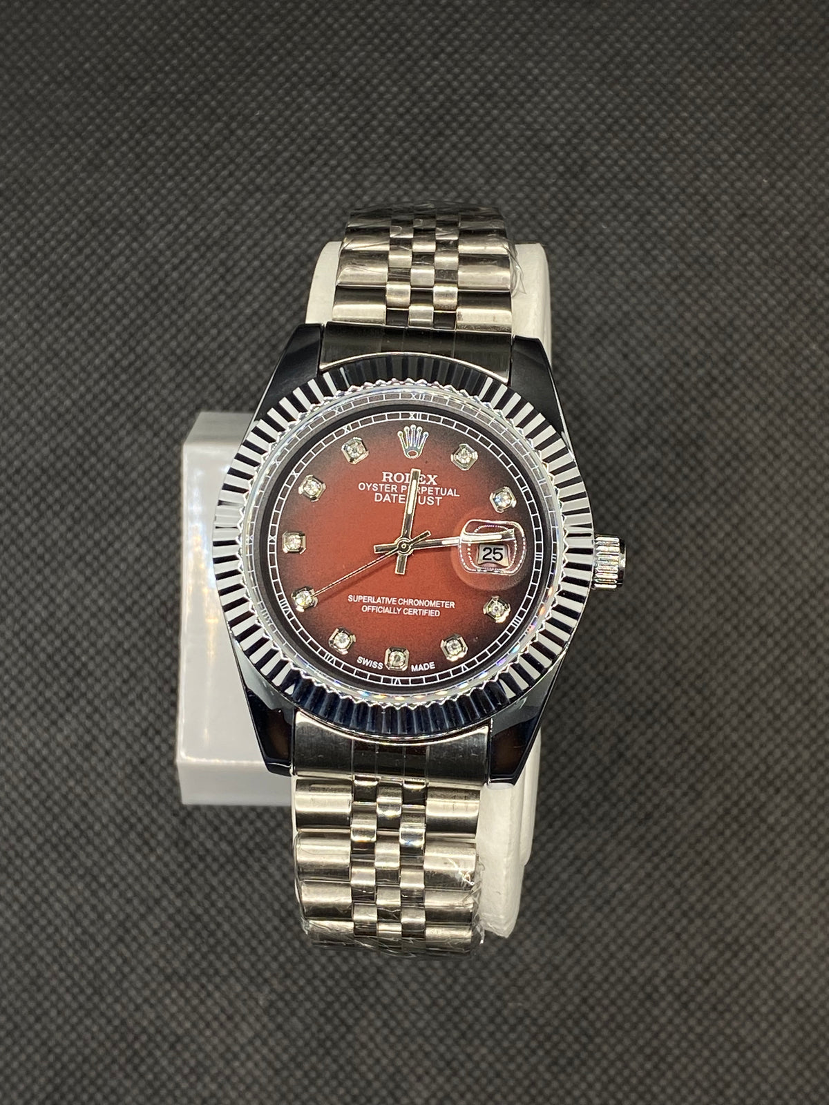RLX OYSTER PERPETUAL RED DIAL WITH DATE STAINLESS STEEL STRAP