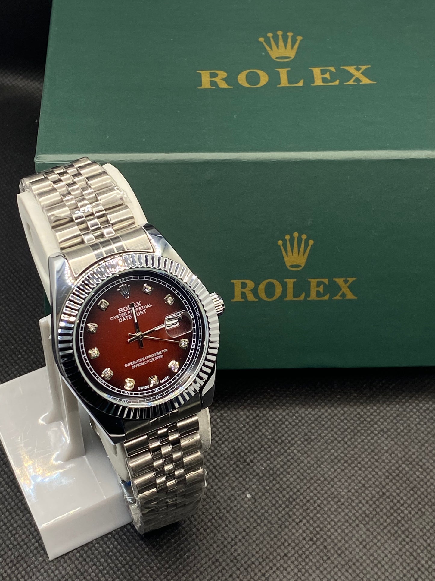 RLX OYSTER PERPETUAL RED DIAL WITH DATE STAINLESS STEEL STRAP