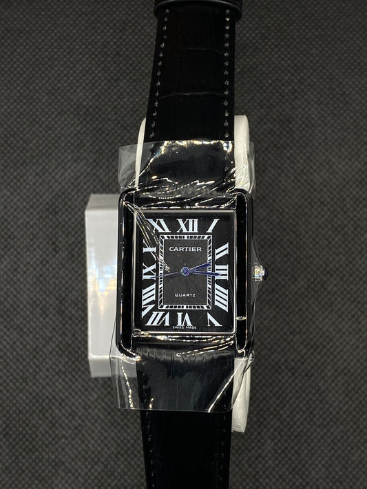 CARTI3R BLACK TANK BLACK ROMAN DIAL AND LEATHER STRAP